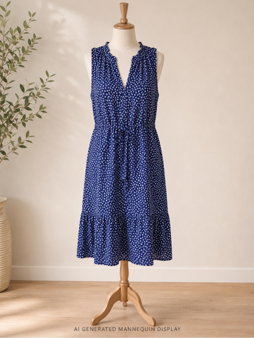GAP Navy Blue Sleeveless V-Neck Midi Dress with White Floral Dot Print